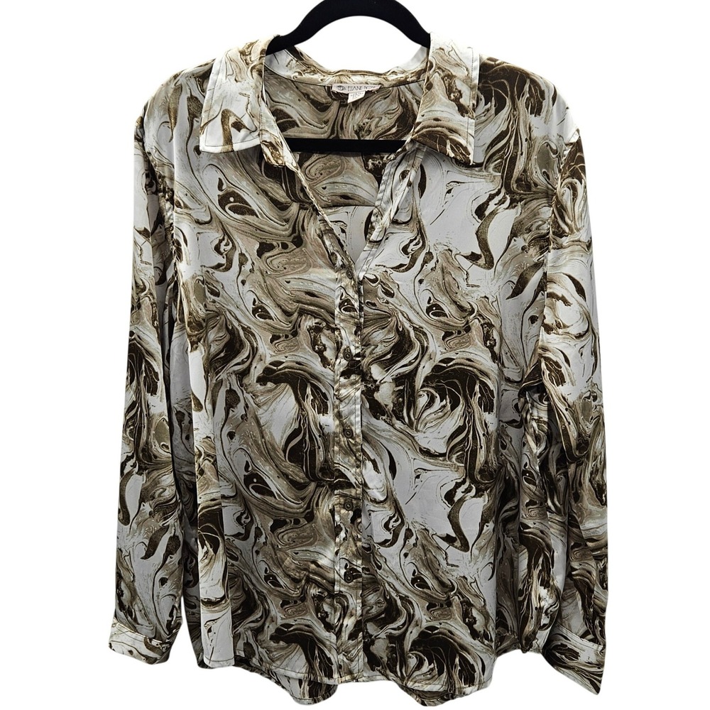 Eliane Rose Womens XL Brown Olive‎ Cream Marble Swirl Print Button Down Blouse